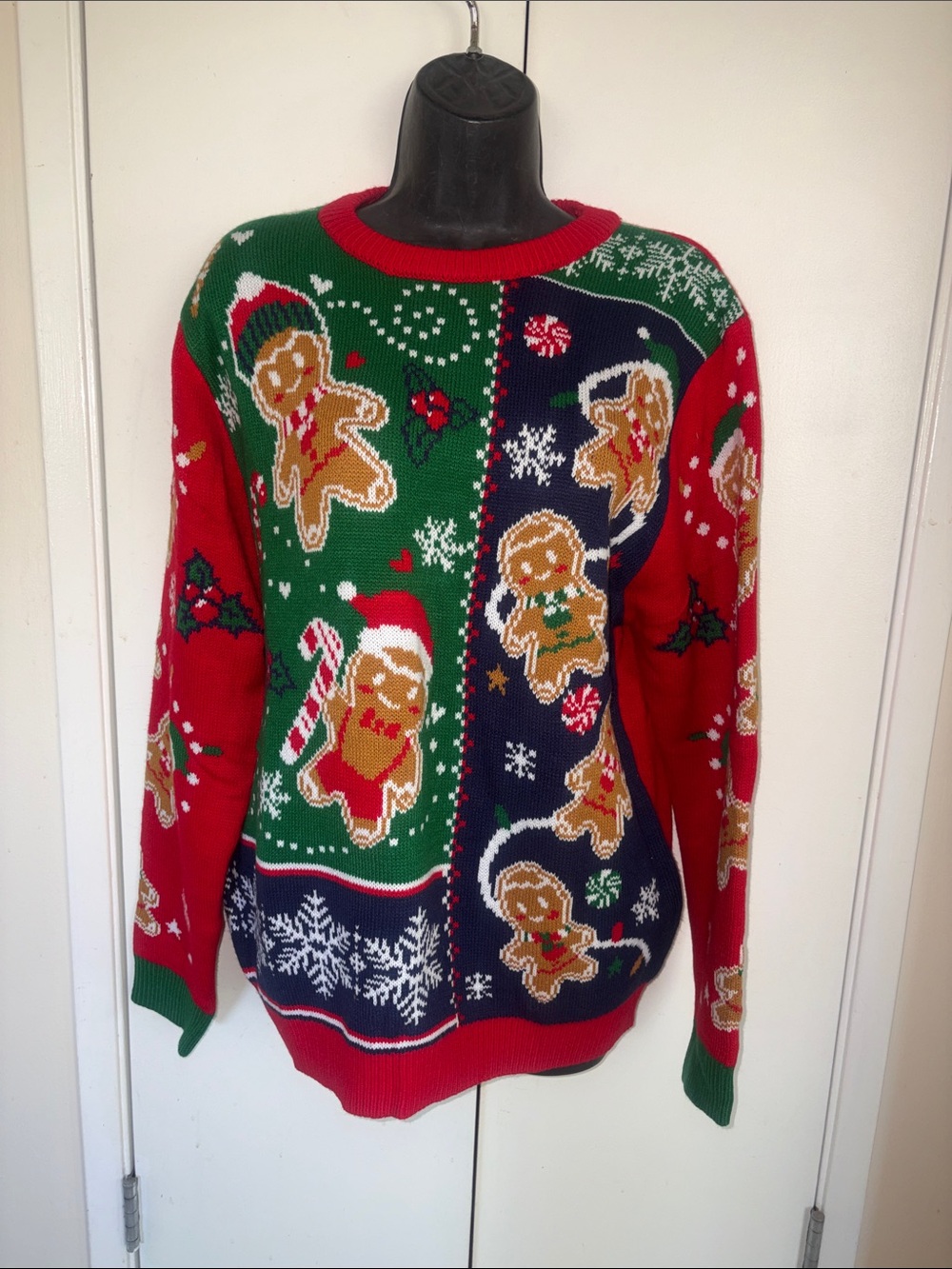 Women's Festive Gingerbread Crewneck Sweater - Red/Green/Navy
